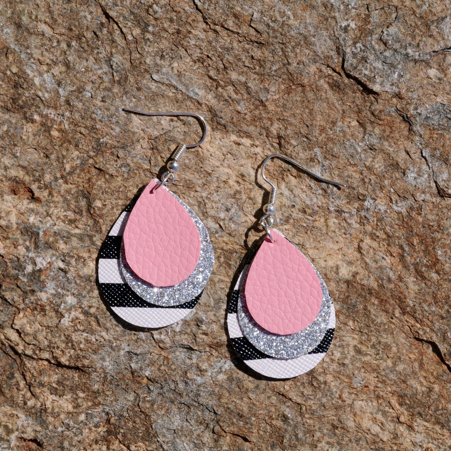 Layered Faux Leather Earrings - Pink, Glitter, and Black & White Stripes #102