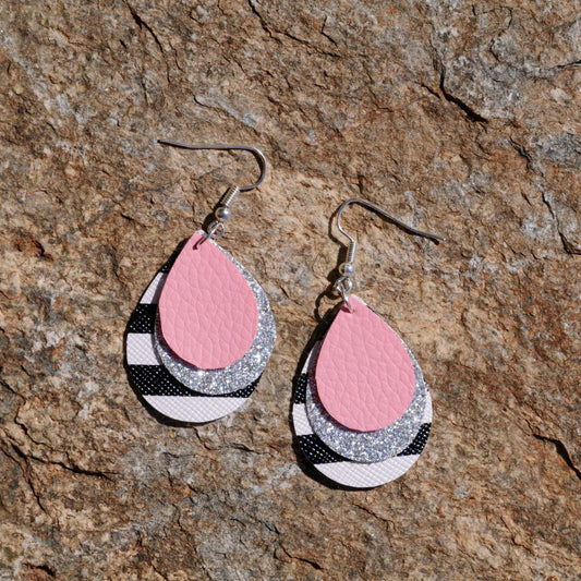 Layered Faux Leather Earrings - Pink, Glitter, and Black & White Stripes #102