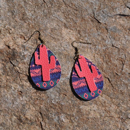 Layered Faux Leather Earrings - Pink Cactus and Desert Pattern #103