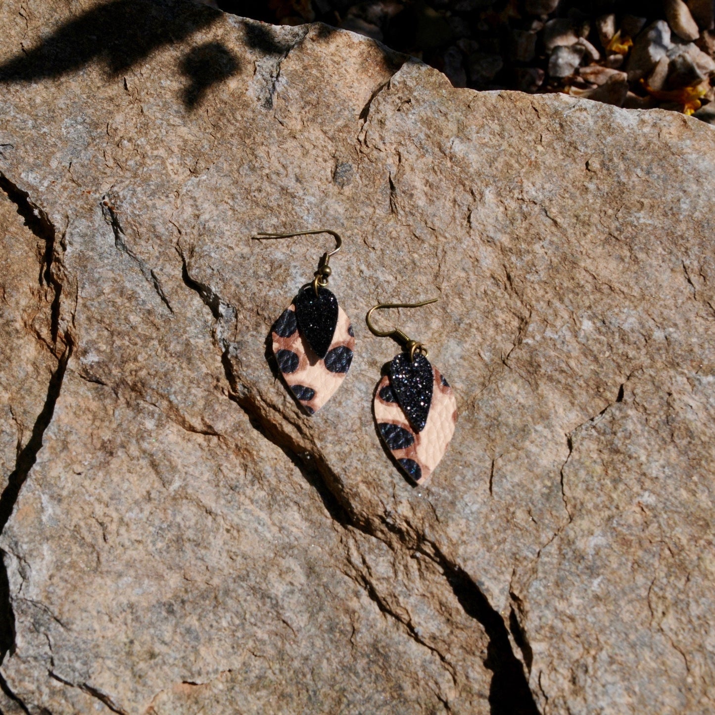 Layered Faux Leather Earrings – Leopard and Glitter Leaf #106