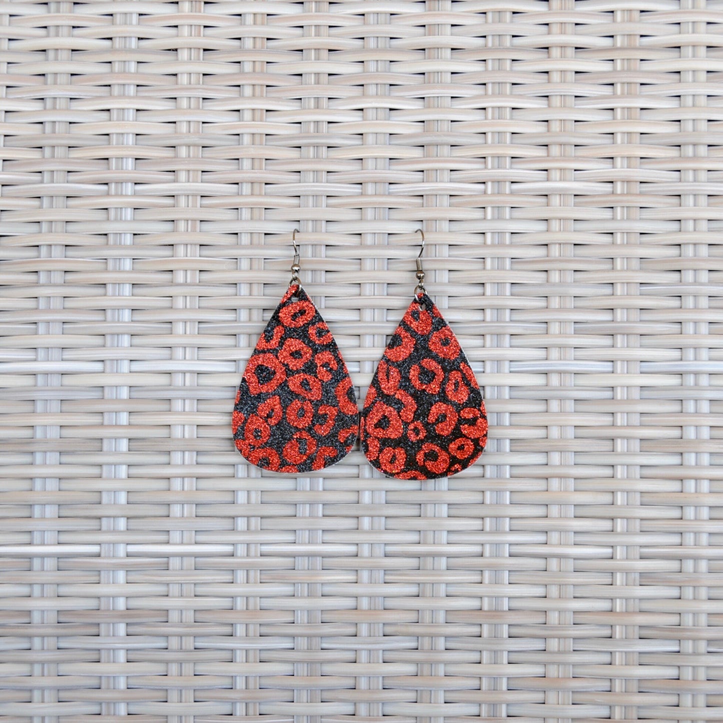 Faux Leather Earrings – Large Glitter Leopard Print Teardrop #111