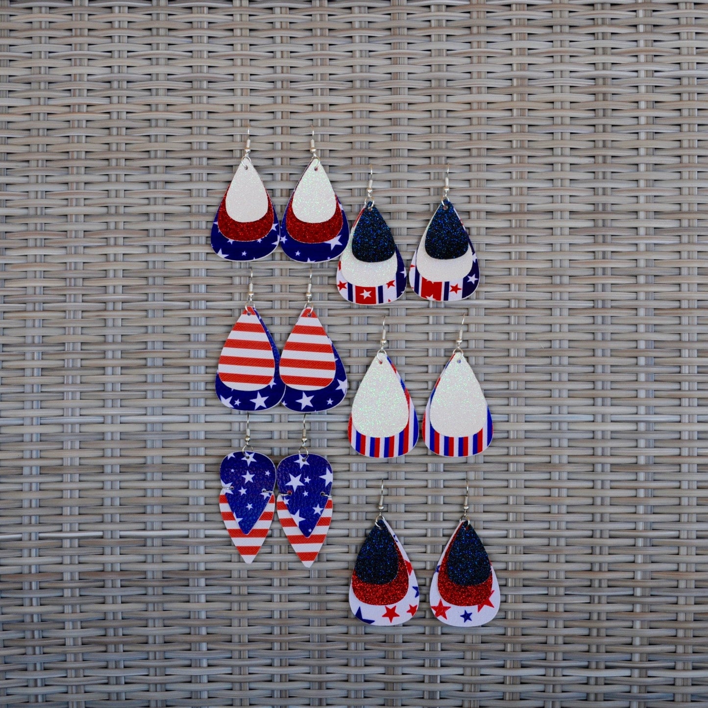 Faux Leather Earrings – Fourth of July – Patriotic Layered Teardrop Earrings #112